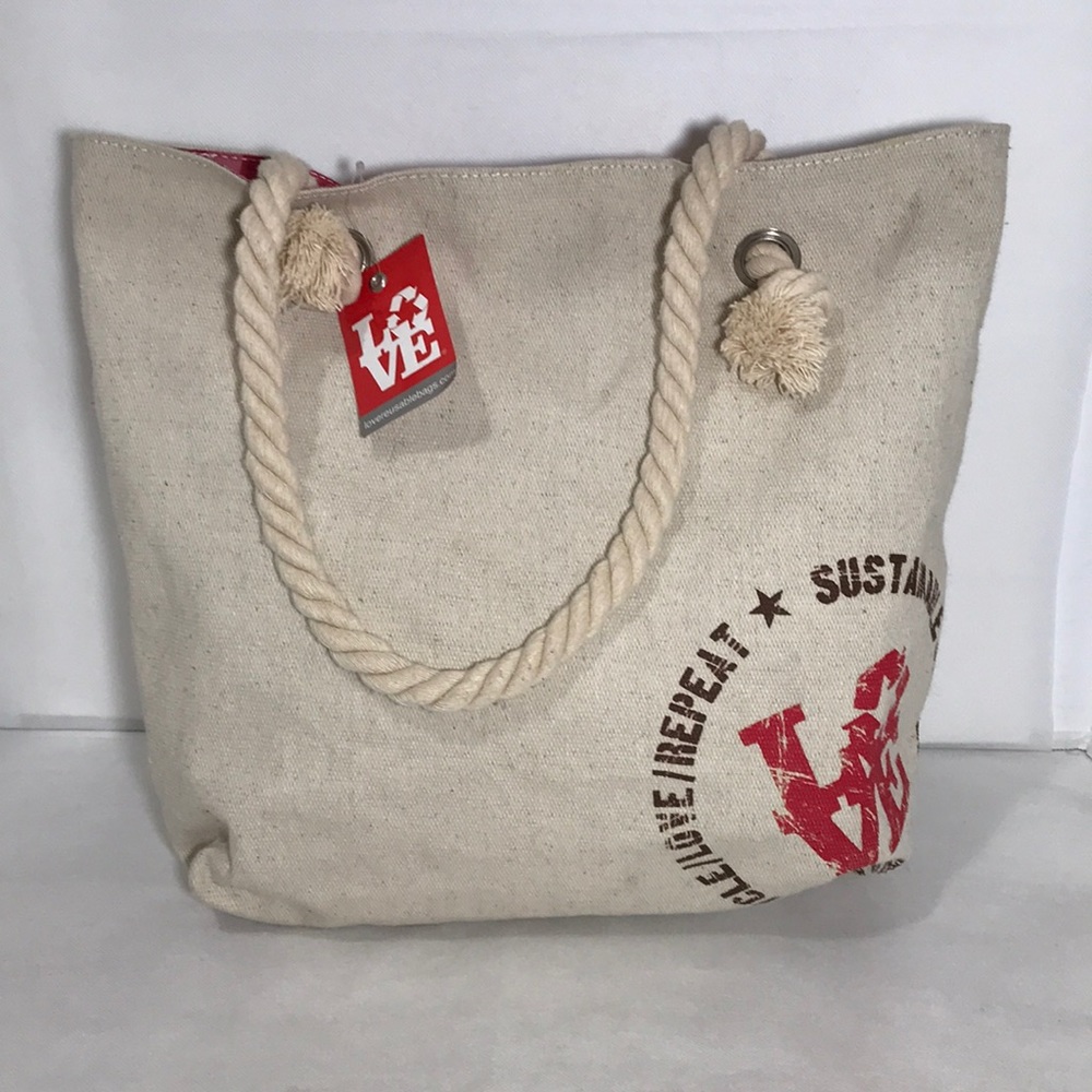 Love Brand Reusable Bags Cream Color Checks Inside Tote